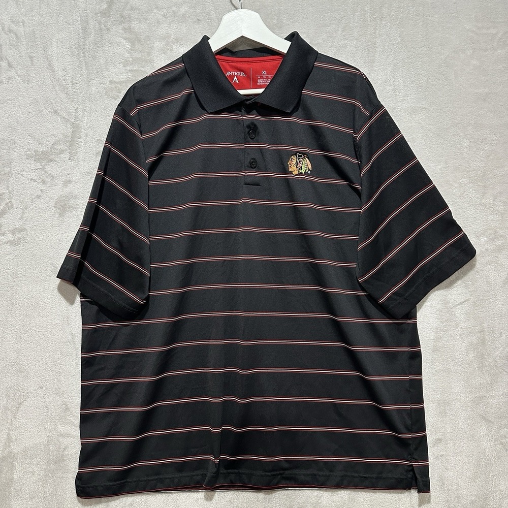 Antigua Chicago Blackhawks Men's XL Black Stripe Short Sleeve Polo‎ Shirt Logo